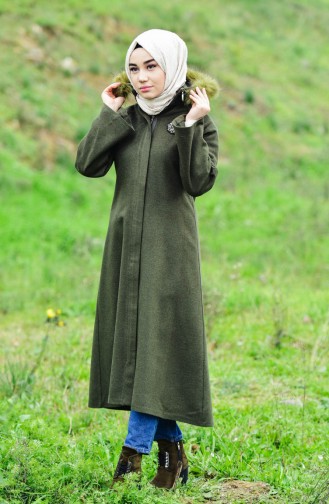 بورون معطف صوف بتصميم موصول بقبعة 0602-01 لون أخضر كاكي 0602-01