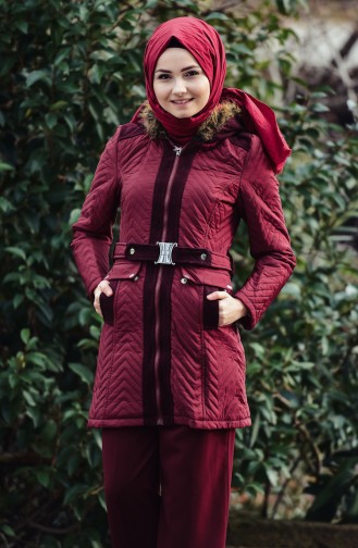Belted Paddded Coat 1908-01 Claret Red 1908-01