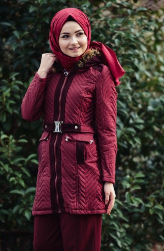 Belted Paddded Coat 1908-01 Claret Red 1908-01