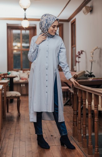 Slit Detailed Buttoned Tunic 8107-03 Blue 8107-03