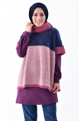 Polo-Neck Knitwear Poncho 8003-08 Indigo Fuschia 8003-08