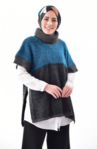 Polo-Neck Knitwear Poncho 8003-09 Oil blue -Black 8003-09