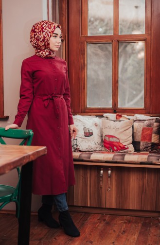 Düğmeli Kuşaklı Tunik 8204-07 Bordo