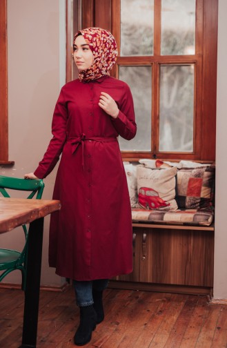 Düğmeli Kuşaklı Tunik 8204-07 Bordo