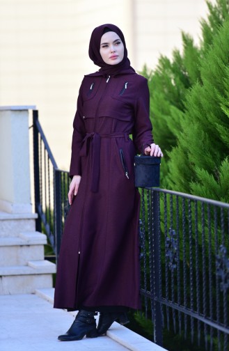 BURUN Leather Detailed Belted Overcoat 61245-01 Plum 61245-01