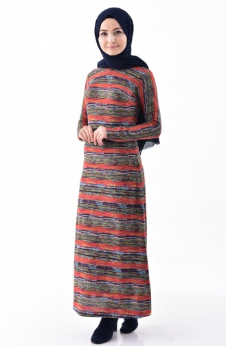فستان محاك بتصميم مُطبع 33460-01 لون قرميدي 33460-01