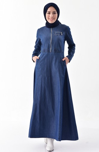 Zipper Detailed Jeans Dress 9258-01 Navy Blue 9258-01
