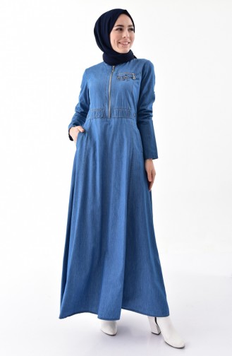 Fermuar Detaylı Kot Elbise 9258-02 Kot Mavi 9258-02