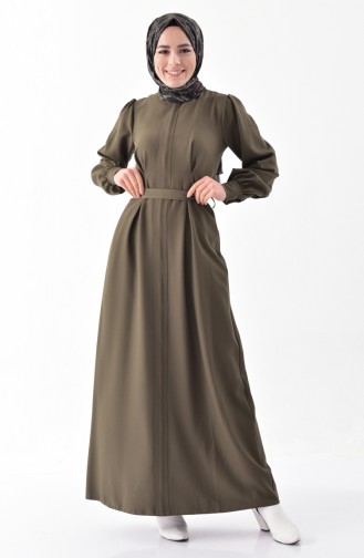 فستان بتفاصيل حزام للخصر 0210-01 لون اخضر كاكي 0210-01