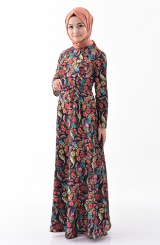 Çiçek Desenli Kuşaklı Elbise 1007-01 Koyu Lacivert