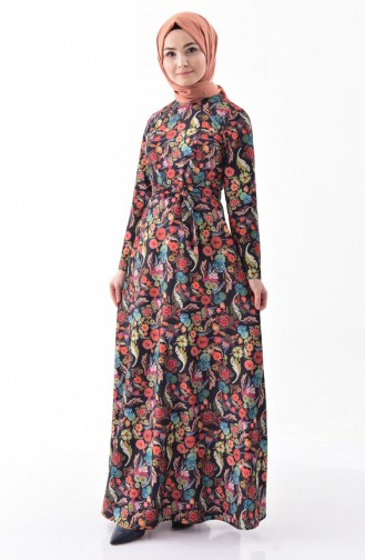 Çiçek Desenli Kuşaklı Elbise 1007-01 Koyu Lacivert