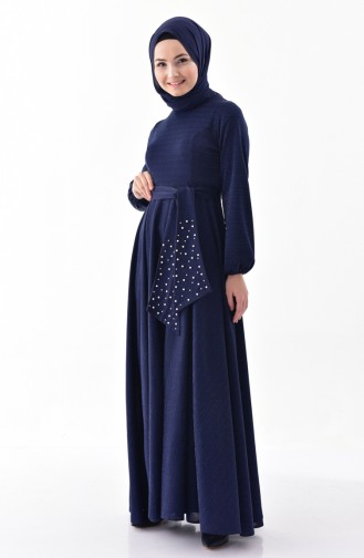 Silvery Belted Dress 0247-03 Navy Blue 0247-03