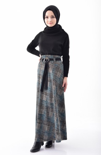 Belted Patterned Skirt 4207-03 Petrol 4207-03
