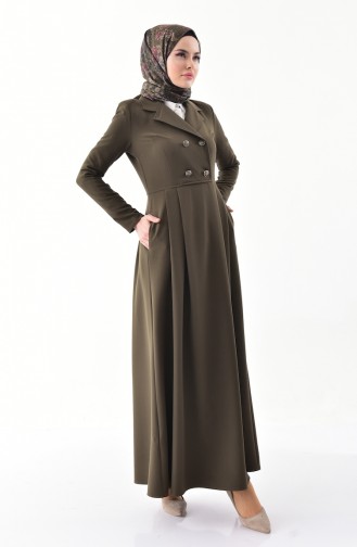 Double Breasted Collar Pleated Dress7232-06 Khaki 7232-06