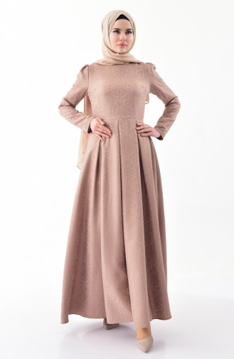 Pileli Jakarlı Elbise 7235-02 Vizon