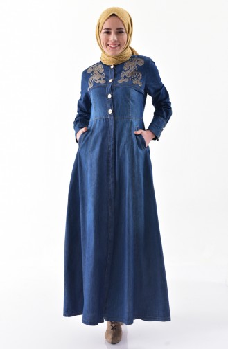 MISS VALLE Stone Printed Jeans Abaya 8847-02 Navy Blue 8847-02