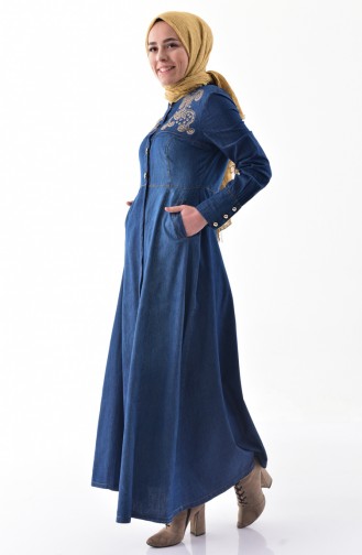 MISS VALLE Stone Printed Jeans Abaya 8847-02 Navy Blue 8847-02