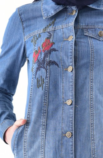 معطف جينز طويل بتفاصيل مُطرزة 9259-01 لون أزرق جينز 9259-01