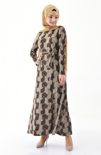 دلبر فستان بتصميم مُطبع وحزام للخصر 9033-01 لون بني 9033-01