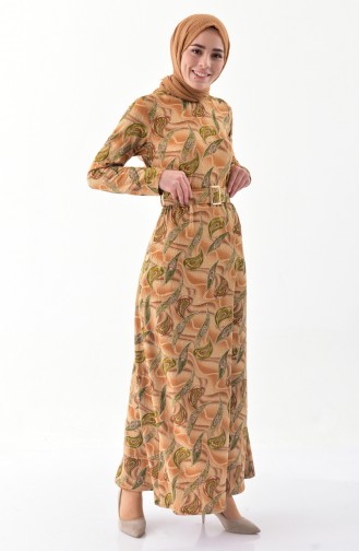 دلبر  فستان بتصميم حزام للخصر 9037-01 لون أصفر داكن واخضر 9037-01