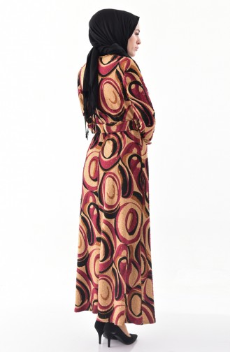 دلبر فستان مُطبع بتصميم حزام للخصر 9038-02 لون خمري 9038-02