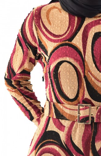 دلبر فستان مُطبع بتصميم حزام للخصر 9038-02 لون خمري 9038-02