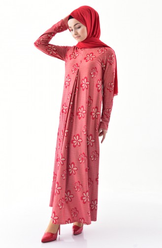 Çicekli A Pile Elbise 9041-01 Kırmızı