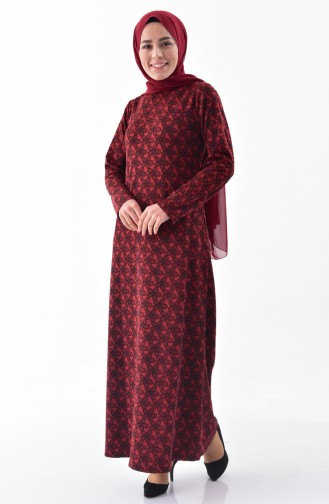 Çicek Desenli Elbise 9043-01 Bordo
