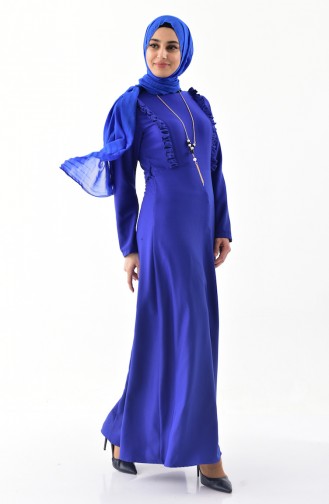 فستان مُزين بقلادة و تفاصيل من الكشكش 4518-02 لون أزرق 4518-02