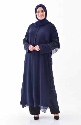 Abaya Détail Filet Grande Taille 1061-01 Bleu Marine 1061-01