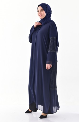 Abaya Détail Filet Grande Taille 1061-01 Bleu Marine 1061-01