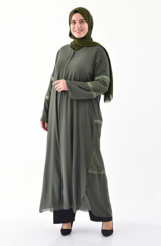 Plus Size Mesh Detailed Abaya 1061-02 Khaki 1061-02