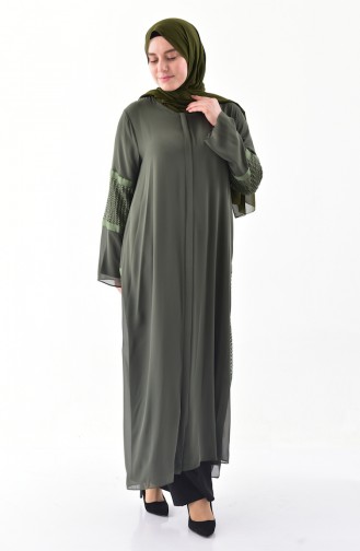 Plus Size Mesh Detailed Abaya 1061-02 Khaki 1061-02