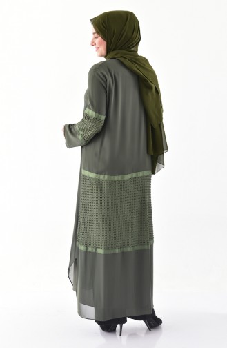 Plus Size Mesh Detailed Abaya 1061-02 Khaki 1061-02