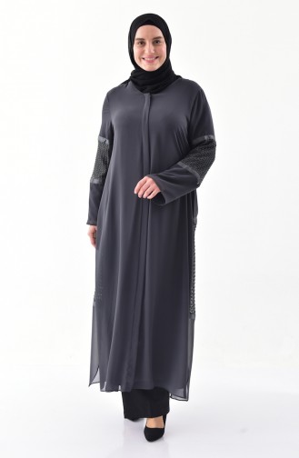 Plus Size Mesh Detailed Abaya 1061-03 Smoked 1061-03