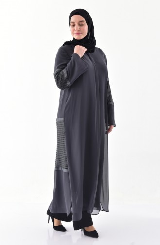 Plus Size Mesh Detailed Abaya 1061-03 Smoked 1061-03