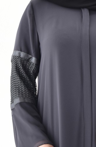 Plus Size Mesh Detailed Abaya 1061-03 Smoked 1061-03