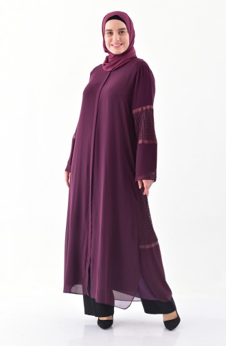 Plus Size Mesh Detailed Abaya 1061-04 Damson 1061-04