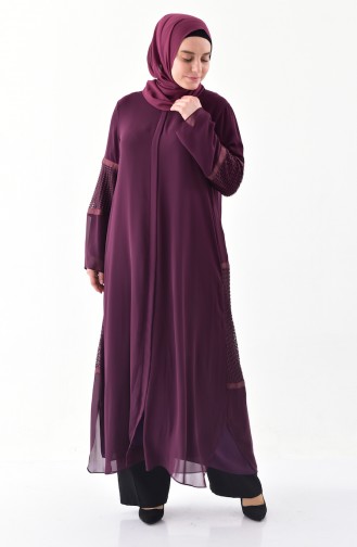 Plus Size Mesh Detailed Abaya 1061-04 Damson 1061-04