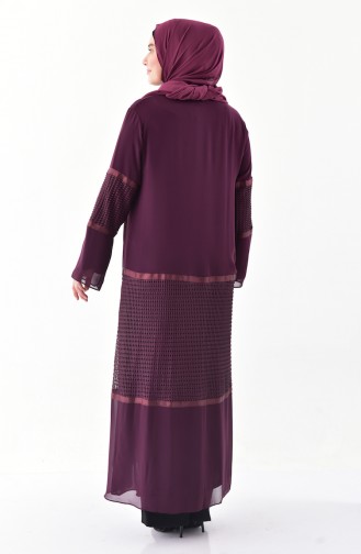 Plus Size Mesh Detailed Abaya 1061-04 Damson 1061-04