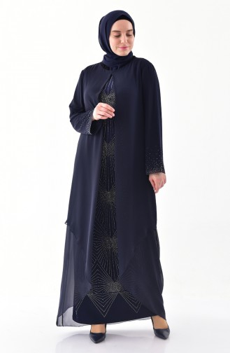 Robe de Soirée Pierre Imprimée Grande Taille 6211-01 Bleu Marine 6211-01