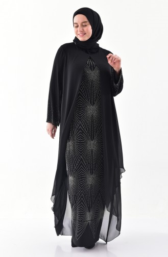 Plus Size Stone Printed Evening Dress 6211-03 Black 6211-03