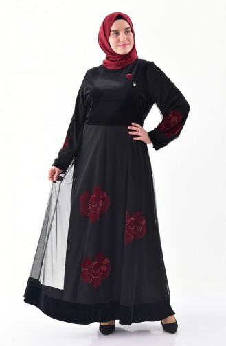 Large Size Stone Printed Velvet Dress 40329-03 Black Claret Red 40329-03