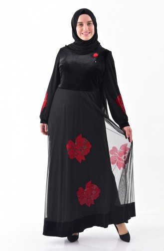 فستان مخمل بتصميم مُطبع مزين بأحجار لامعة بمقاسات كبيرة 40329-04 لون أسود وقرميدي 40329-04