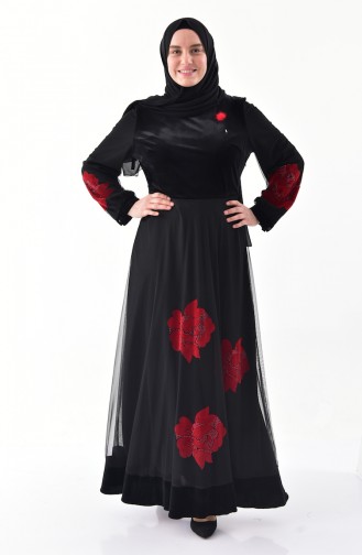 Large Size Stone Printed Velvet Dress 40329-04 Black Red 40329-04