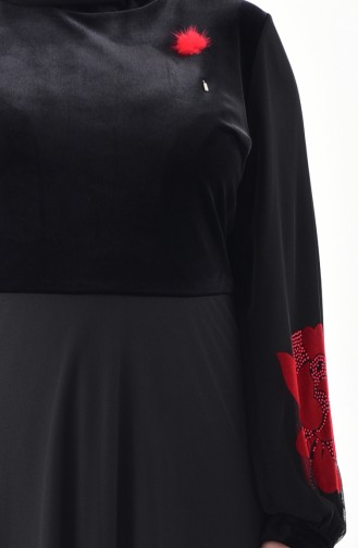 Large Size Stone Printed Velvet Dress 40329-04 Black Red 40329-04