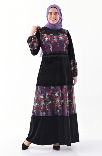 فستان مخمل بتصميم مُطبع مزين باحجار لامعة بمقاسات كبيرة 40375-01لون أسود وبنفسجي 40375-01