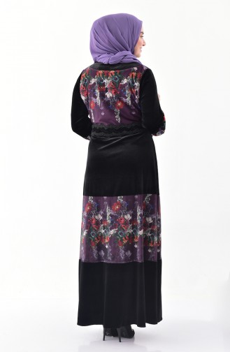 فستان مخمل بتصميم مُطبع مزين باحجار لامعة بمقاسات كبيرة 40375-01لون أسود وبنفسجي 40375-01
