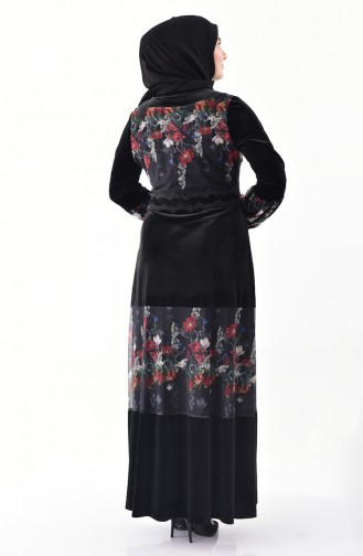 فستان مخمل بتصميم مُطبع مزين بأحجار لامعة بمقاسات كبيرة 40375-04 لون أسود 40375-04