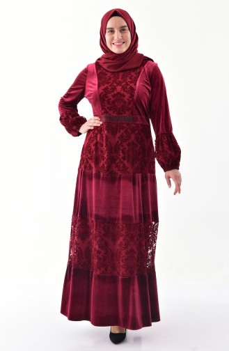 فستان مخمل بتصميم مُطبع بمقاسات كبيرة40377-02 لون خمري 40377-02